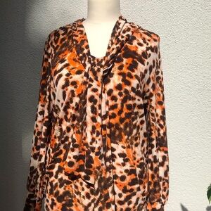 Anne Klein animal print orange black bow tie blouse size medium